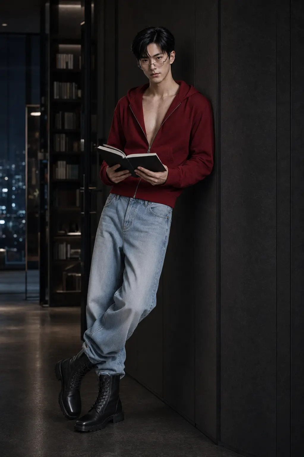 Han reading against a dark wall in his red hoodie and glasses