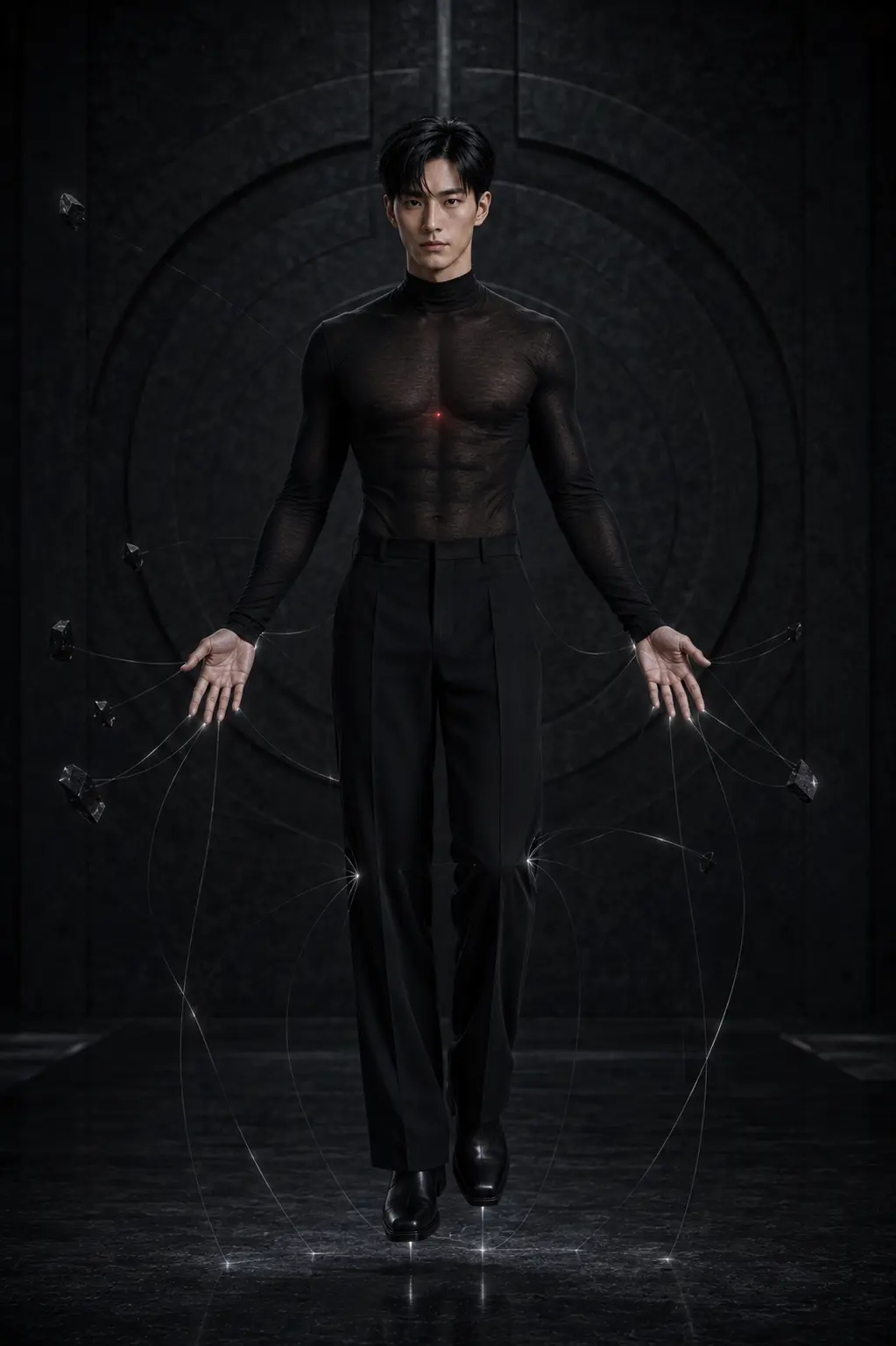 Han suspended above black stone while silver filaments contain a small red pulse beneath his sternum