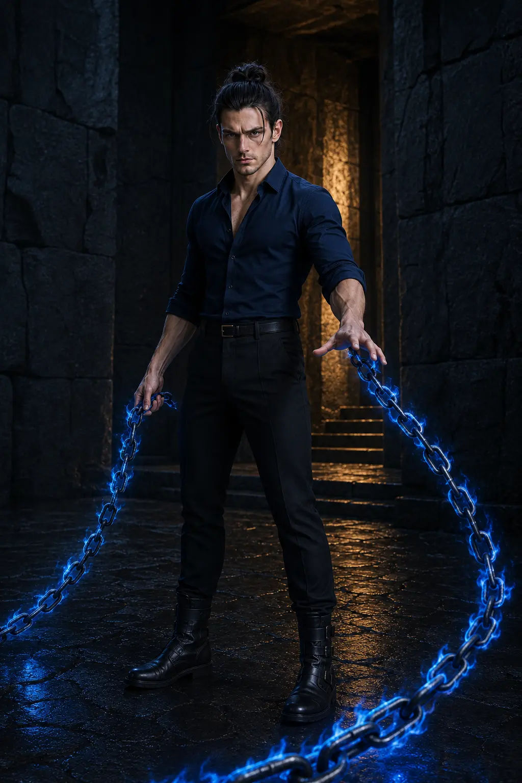 Søren standing as the living edge with blue magical chains around his hands