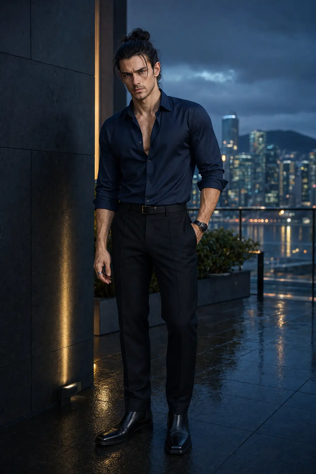 Søren standing freely on a refined Vancouver rooftop in an elegant midnight-blue shirt