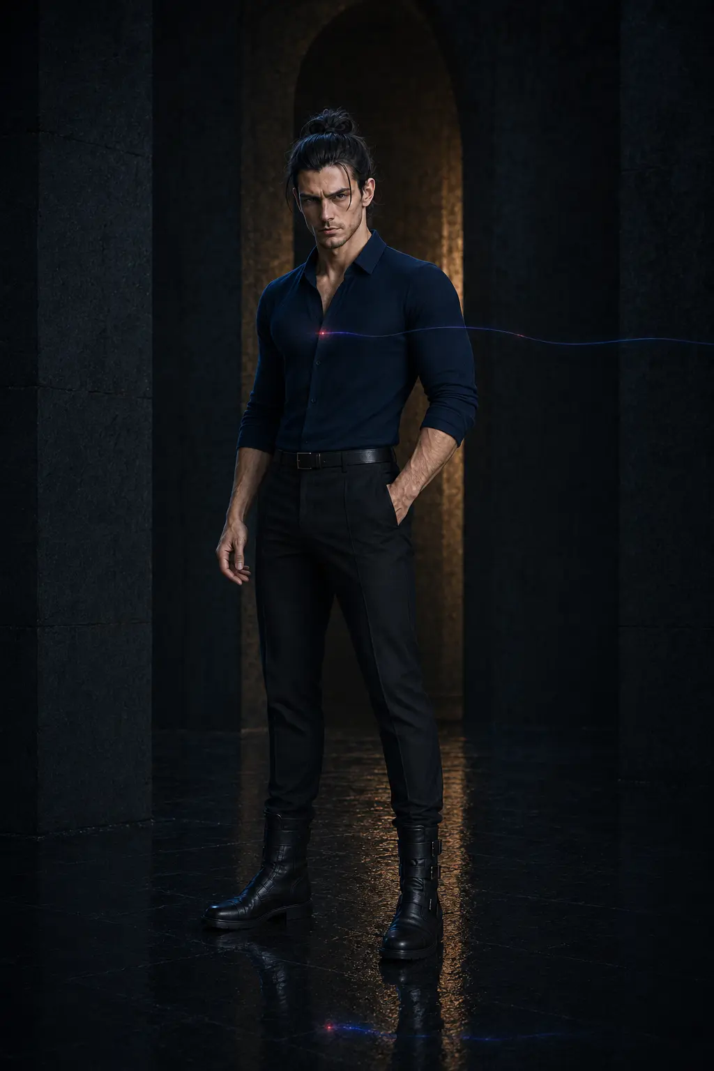 Søren standing autonomously in the Archive with a nearly invisible red and cobalt tether