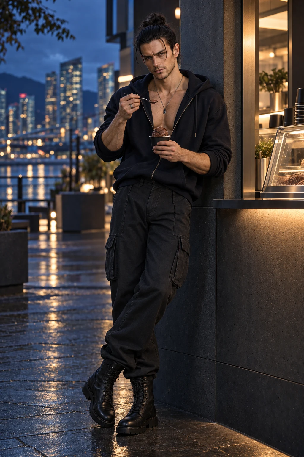 Søren enjoying dark chocolate ice cream beside a modern Vancouver terrace