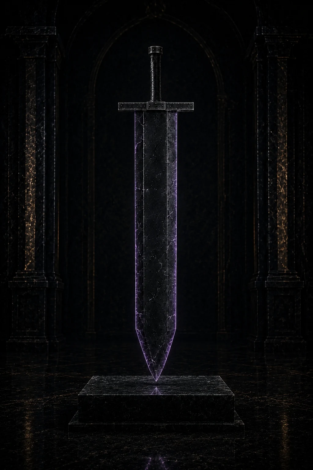 Aetheryon suspended above a basalt plinth in its dormant state
