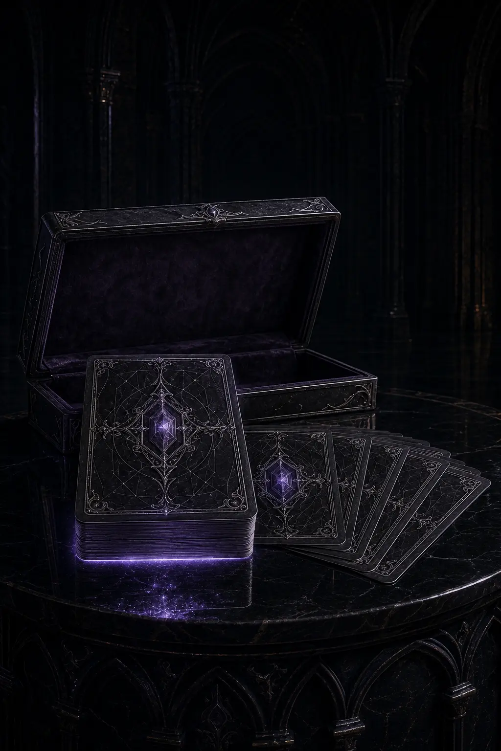 Sten's black and violet tarot deck resting inside its open reliquary