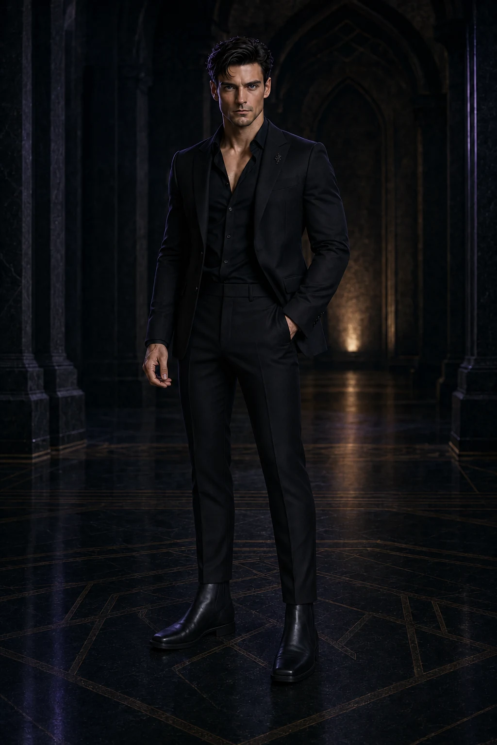 Sten Vargr in a precisely tailored black suit inside the Hall of Power