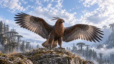 An Aelkran spreads its enormous feathered wings on a rocky ledge above a misty forest valley.