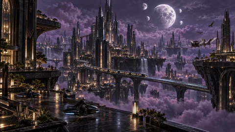 Floating mineral citadels, arched bridges and a train beneath five moons in Caelvar’s violet sky.