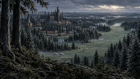 Pale unicorns cross a broad clearing between silver conifers, with the spires of Ilvarien rising along the forest edge.