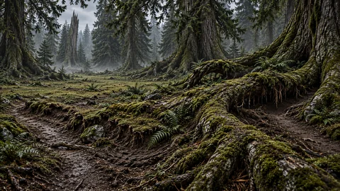 A moss-covered clearing opens between enormous roots and tall conifers in the mist of Mourneth.