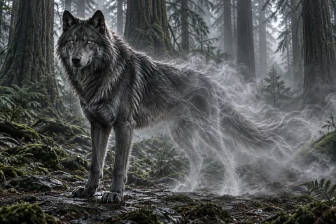 Nhaevyr stands among dark forest roots, its smoke-grey body fading into translucent hindquarters and trailing mist.