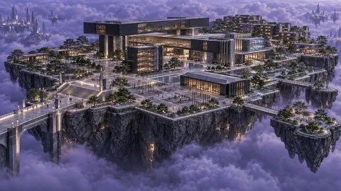 Saelthir University’s layered stone halls and planted terraces occupy a floating island above pale violet clouds.