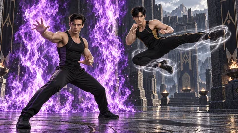 Sten commands violet flames as Han rises into a martial kick wrapped in silver energy in the Rauk’s basalt courtyard.