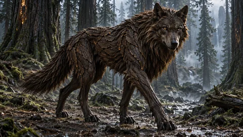 A Vardrún with layered bark plates and a mane of woody fibres stands among the resin-marked trees of Varnholt.
