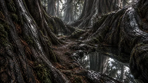 A narrow woodland passage runs between immense mossy roots and a still pool reflecting the trees of Vauldris.