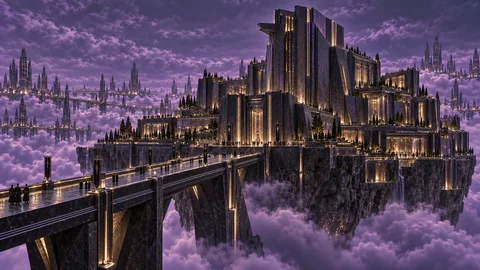 The stepped dark towers of Vholdrass stand on a floating rock platform, reached by a long bridge above purple clouds.