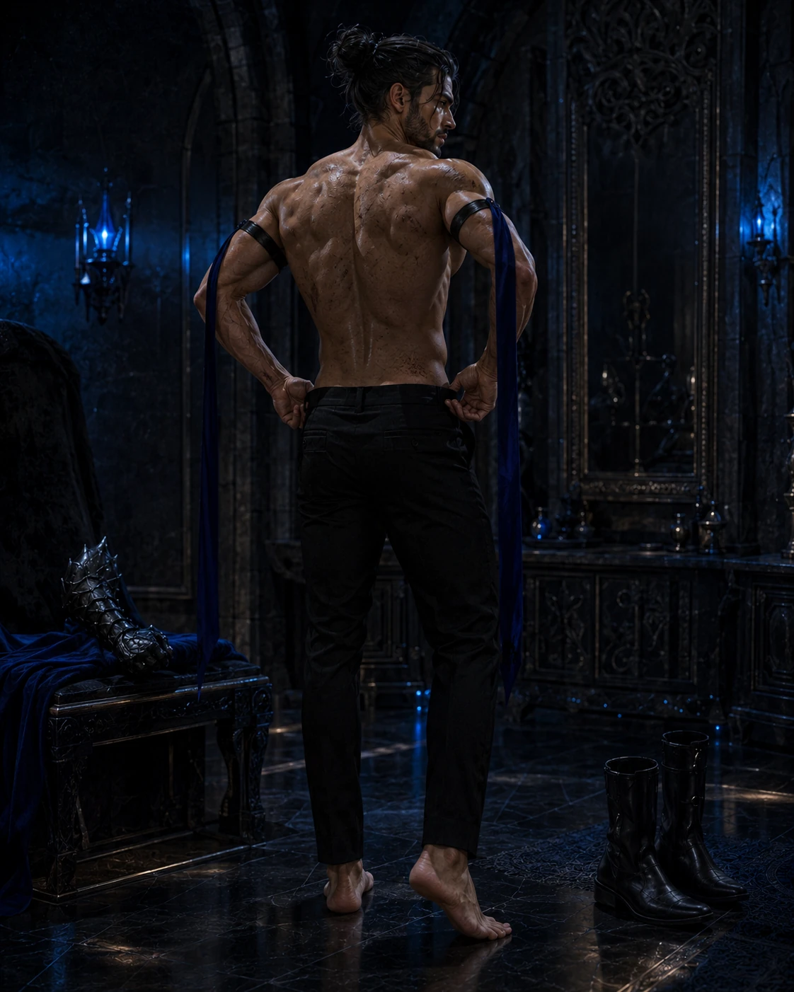Søren in his assigned chamber, seen from the back, barefoot, adjusting his trousers after the trial in the Gallery of the Edge.