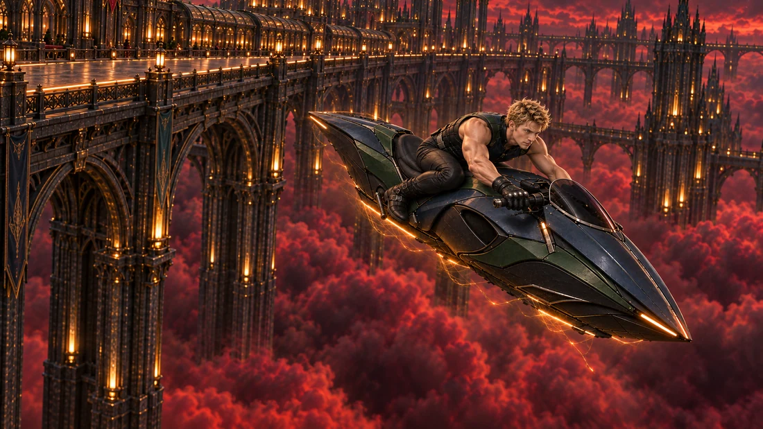 The hovercycle descends outside the elevated track with Kaeryn still at the controls.