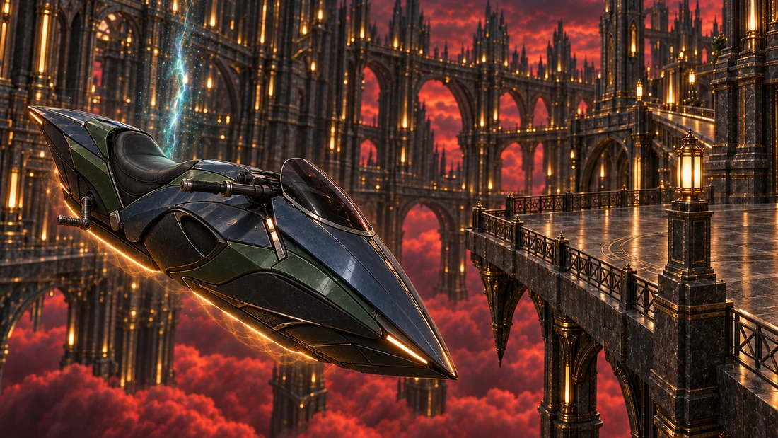 The riderless hovercycle continues descending as the teleportation seam fades above its empty saddle.