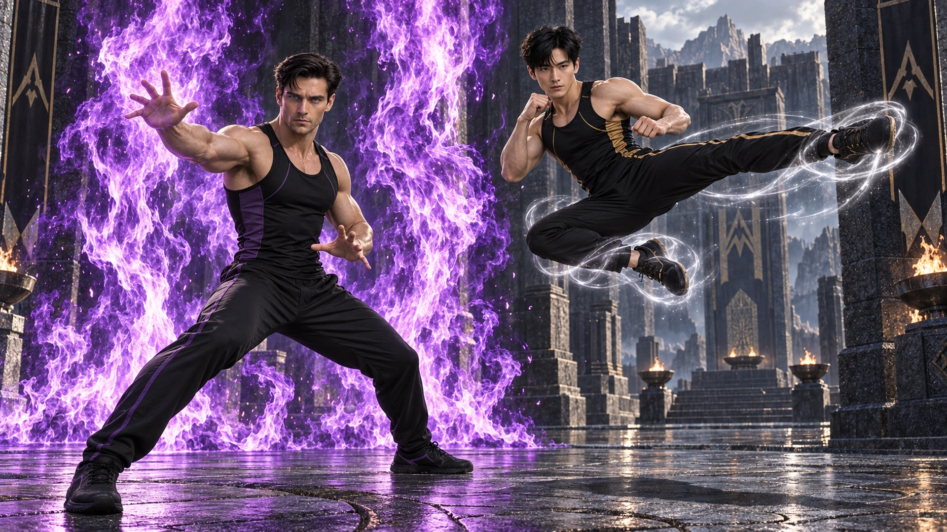 Sten commands towering violet flames while Han levitates in a powerful martial kick, surrounded by silver energy in the basalt training courtyard.