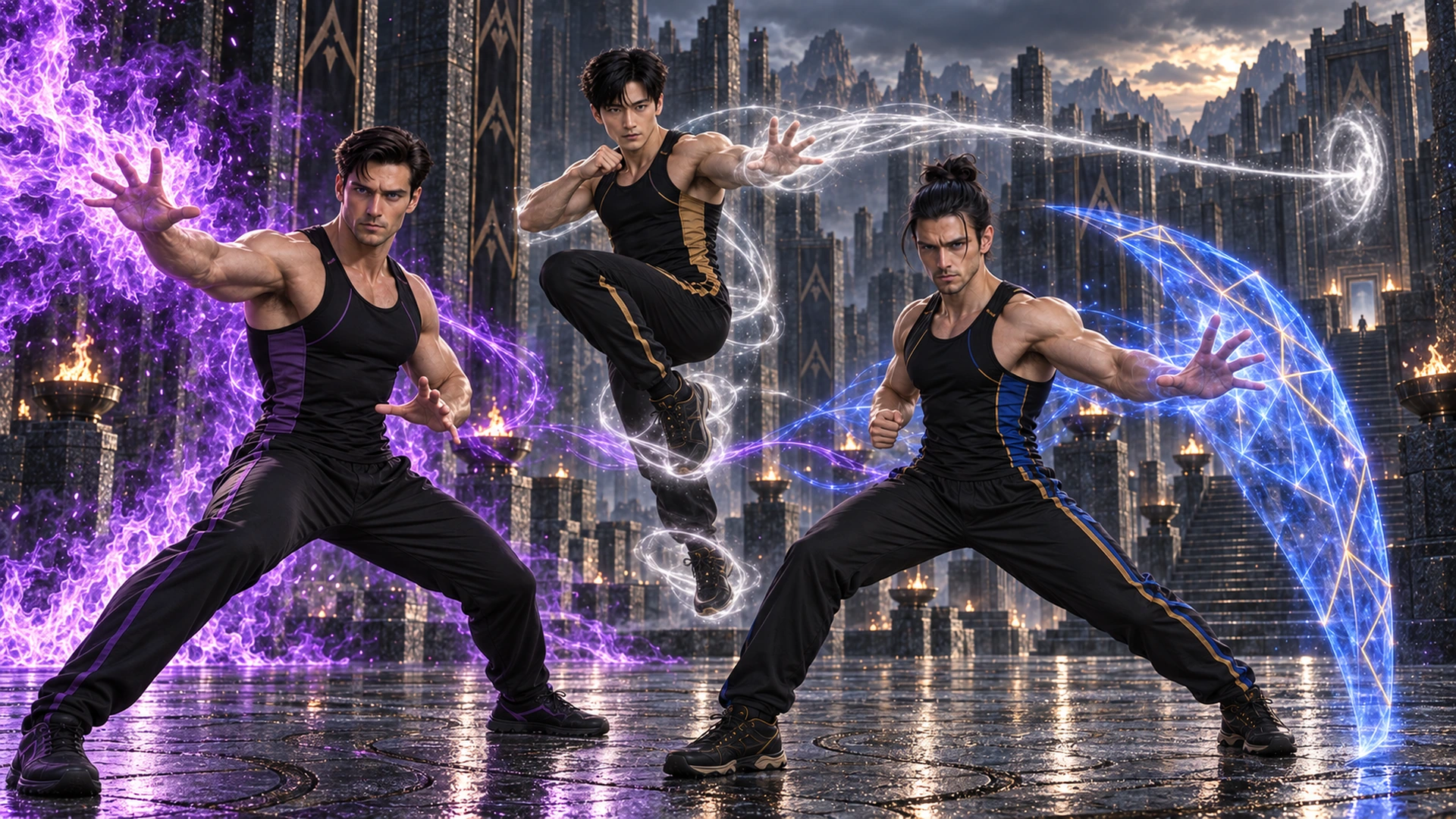 The three men act together: Sten directs violet fire, Han levitates and manifests silver magic at a distance, and Søren braces a cobalt shield around their advance.