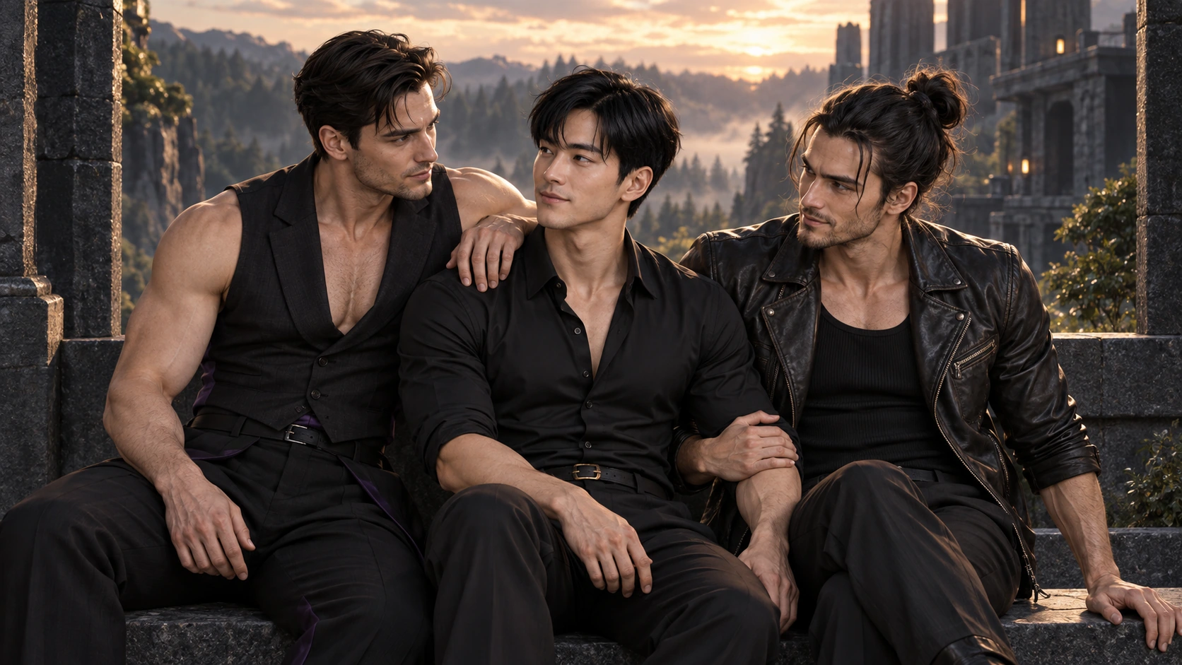Sten, Han and Søren sit together on the terrace at sunset, wearing their distinct elegant black outfits and sharing familiar, affectionate gestures.