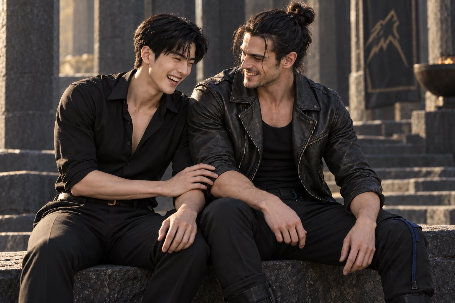 Han and Søren laugh together on a courtyard wall. Han wears an elegant black shirt and holds Søren’s forearm; Søren wears black leather and his hair in a bun.