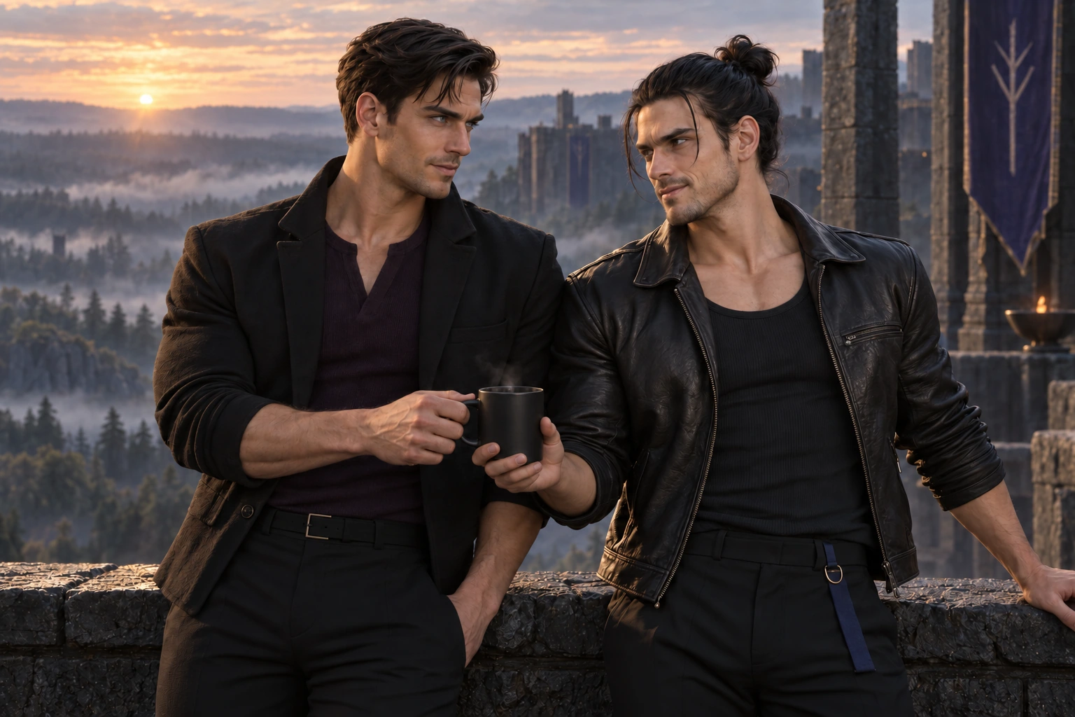 Sten passes a dark cup to Søren on the Rauk terrace at dawn; their shoulders touch as they share a warm, knowing look.
