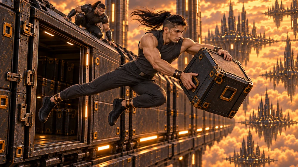Tairen catches a falling cargo case beside a moving train above the amber clouds.