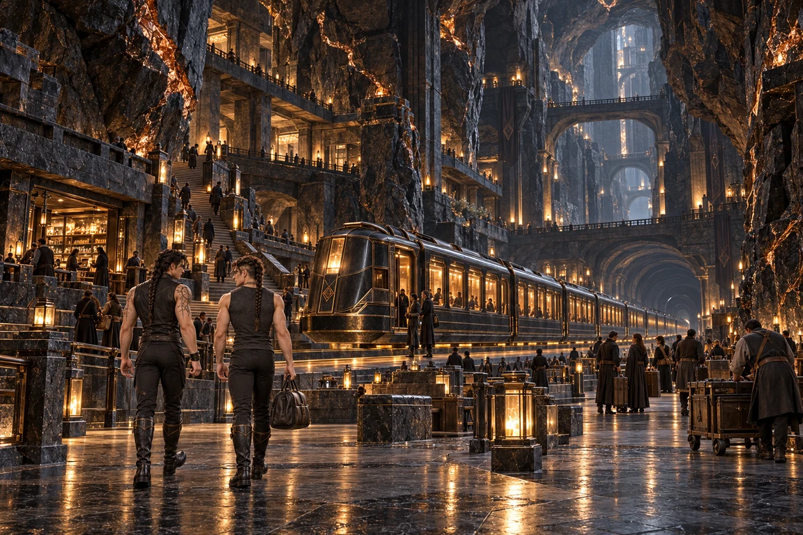 Aedrin and Saevren overlook a vast underground station, with amber-lit galleries and a bronze-trimmed levitation train.
