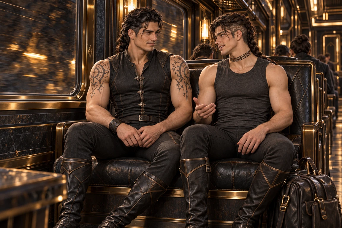 Aedrin and Saevren sit close on a dark leather train seat and turn toward one another as tunnel lights pass outside.