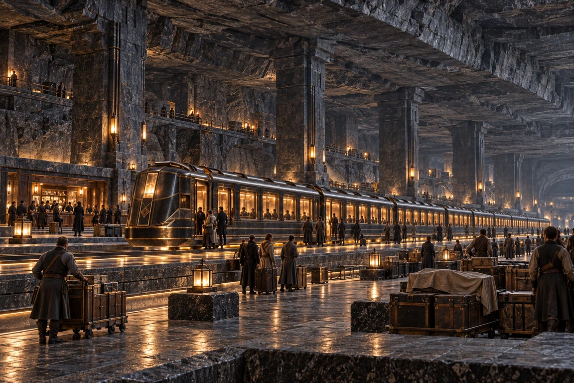 A long levitation train waits beneath immense horizontal layers of gray stone, amid the workers and passengers of the Ashen Wall.