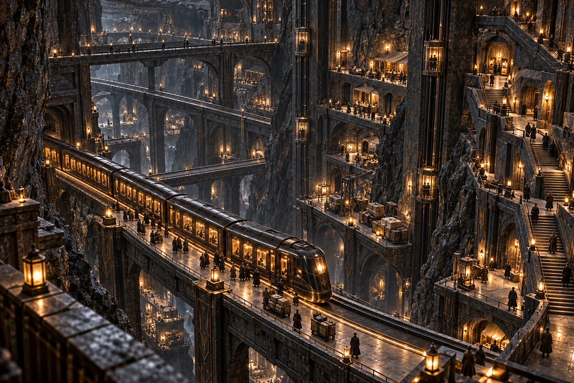 Trains, bridges, stairs and glazed lifts cross a monumental station deep within the Armored Descent.