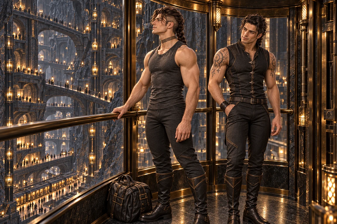 Saevren looks upward from a glazed lift while Aedrin watches him, the station falling away beneath them.
