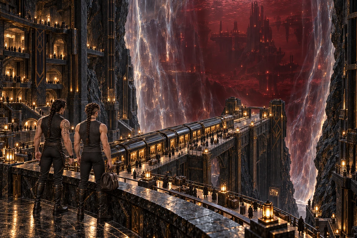 Aedrin and Saevren face the immense pale suture, a waiting train and the dark red depths of Brakhal beyond.