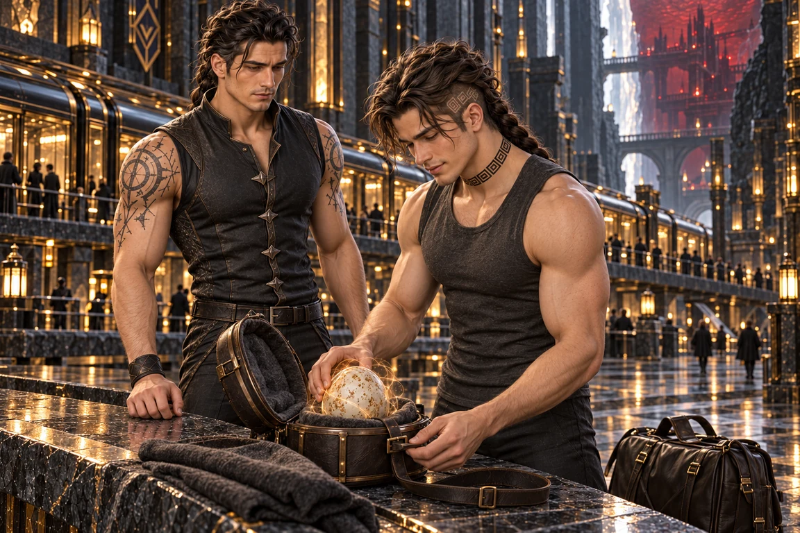 Saevren settles the protected egg into a wool-lined leather carrier while Aedrin watches beside him.