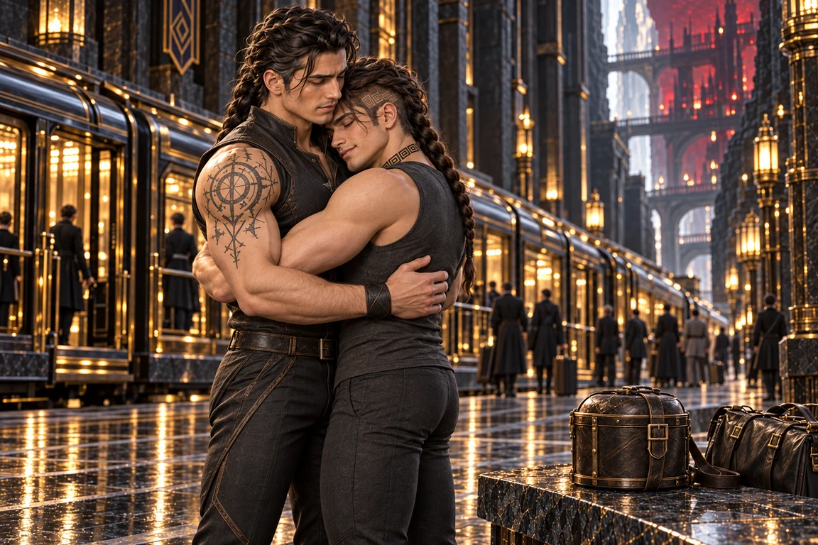Aedrin and Saevren embrace before Saevren boards the train to Brakhal.
