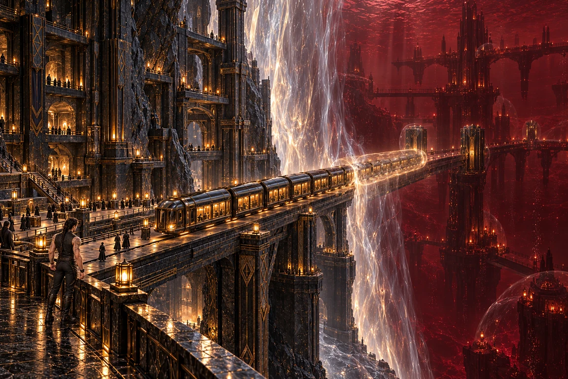 Aedrin remains on the Durnakhar platform as the protected train crosses the pale suture into the crimson depths of Brakhal.