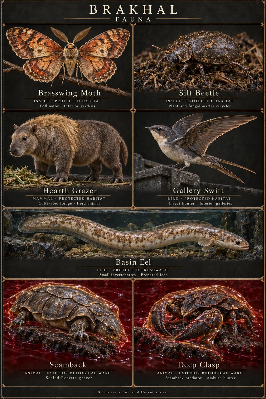 Fauna sheet showing Brasswing Moth, Silt Beetle, Hearth Grazer, Gallery Swift, Basin Eel, Seamback and Deep Clasp.