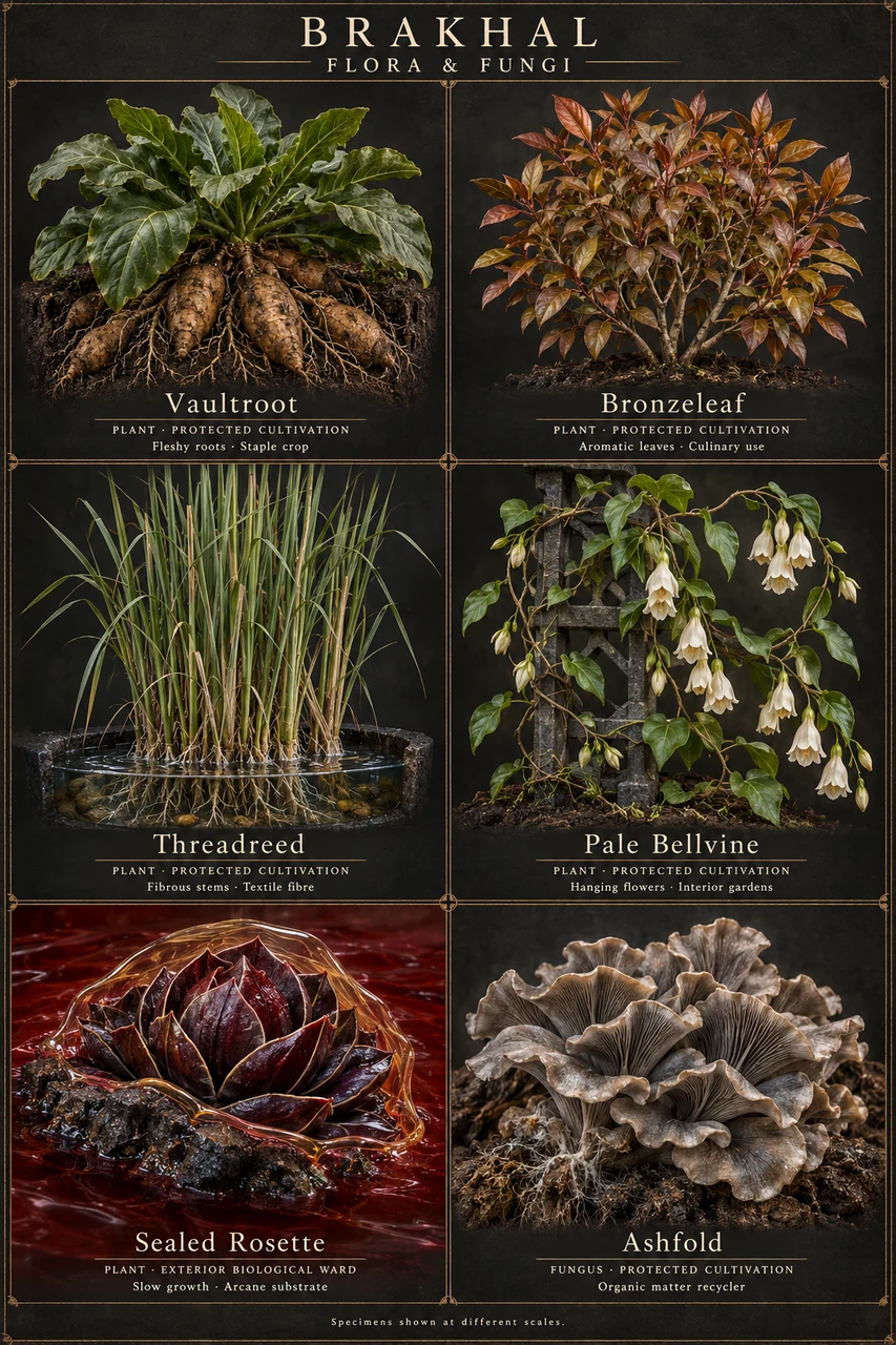 Botanical sheet showing Vaultroot, Bronzeleaf, Threadreed, Pale Bellvine, Sealed Rosette and Ashfold.