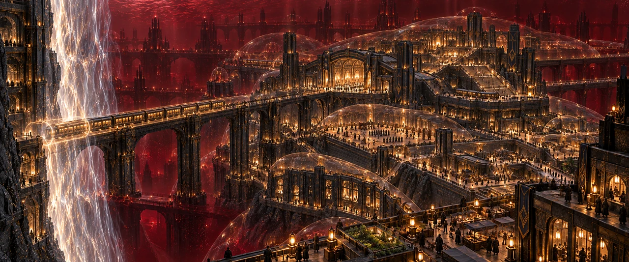 Protected arrival halls and inhabited ramparts beneath Brakhal’s dark red liquid bromine