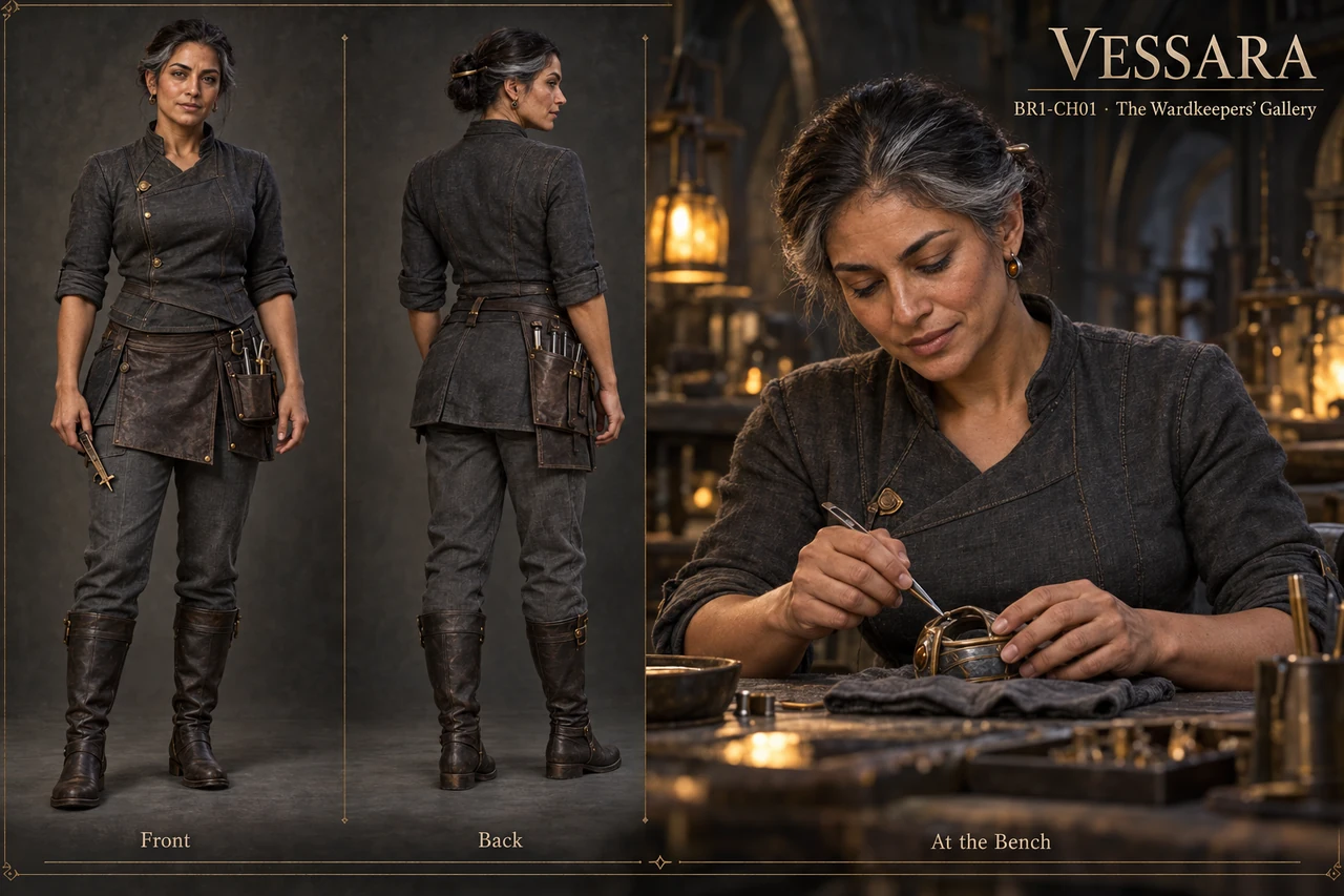 Vessara’s character sheet shows a mature woman in graphite work clothes with a protective bronze-and-amber earring.