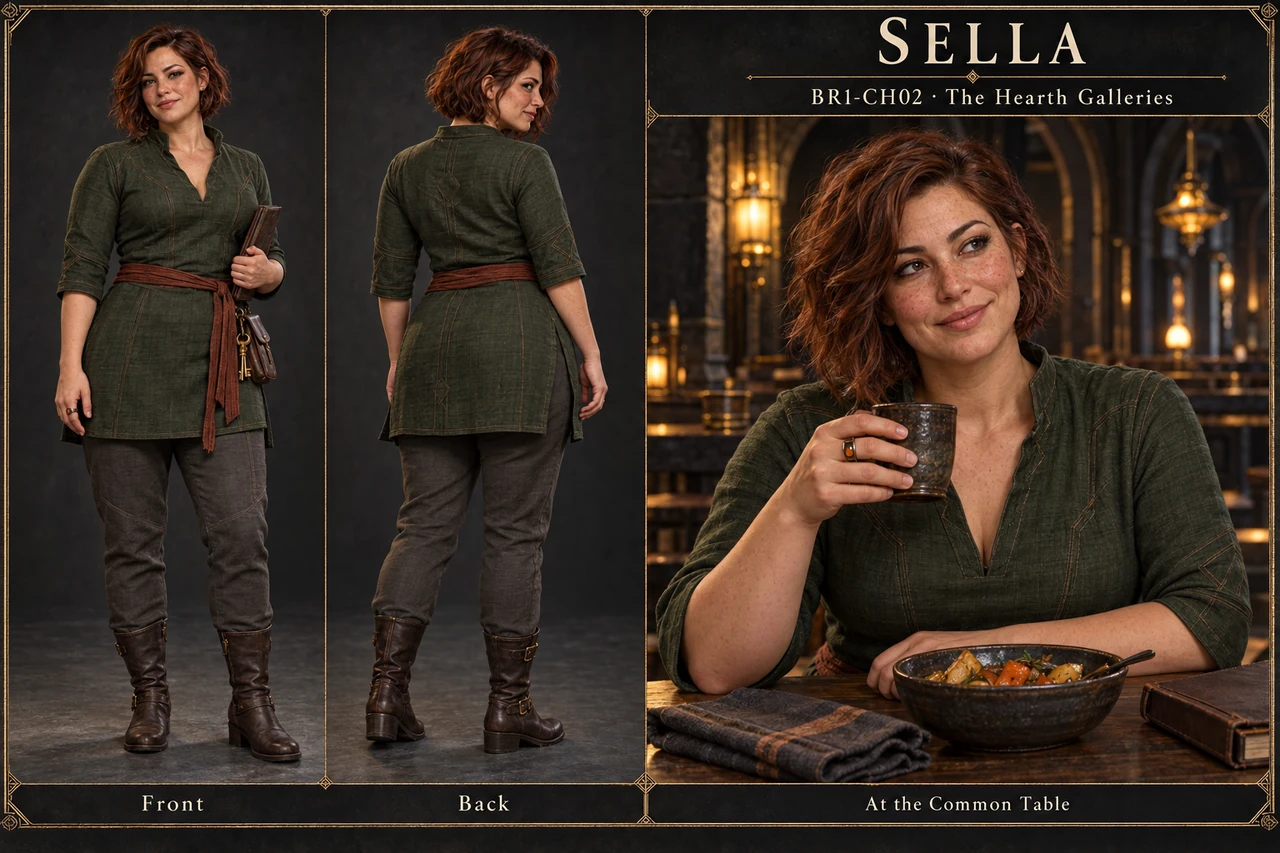 Sella’s character sheet shows a freckled woman with an auburn bob, moss-green tunic, rust sash and protective ring.