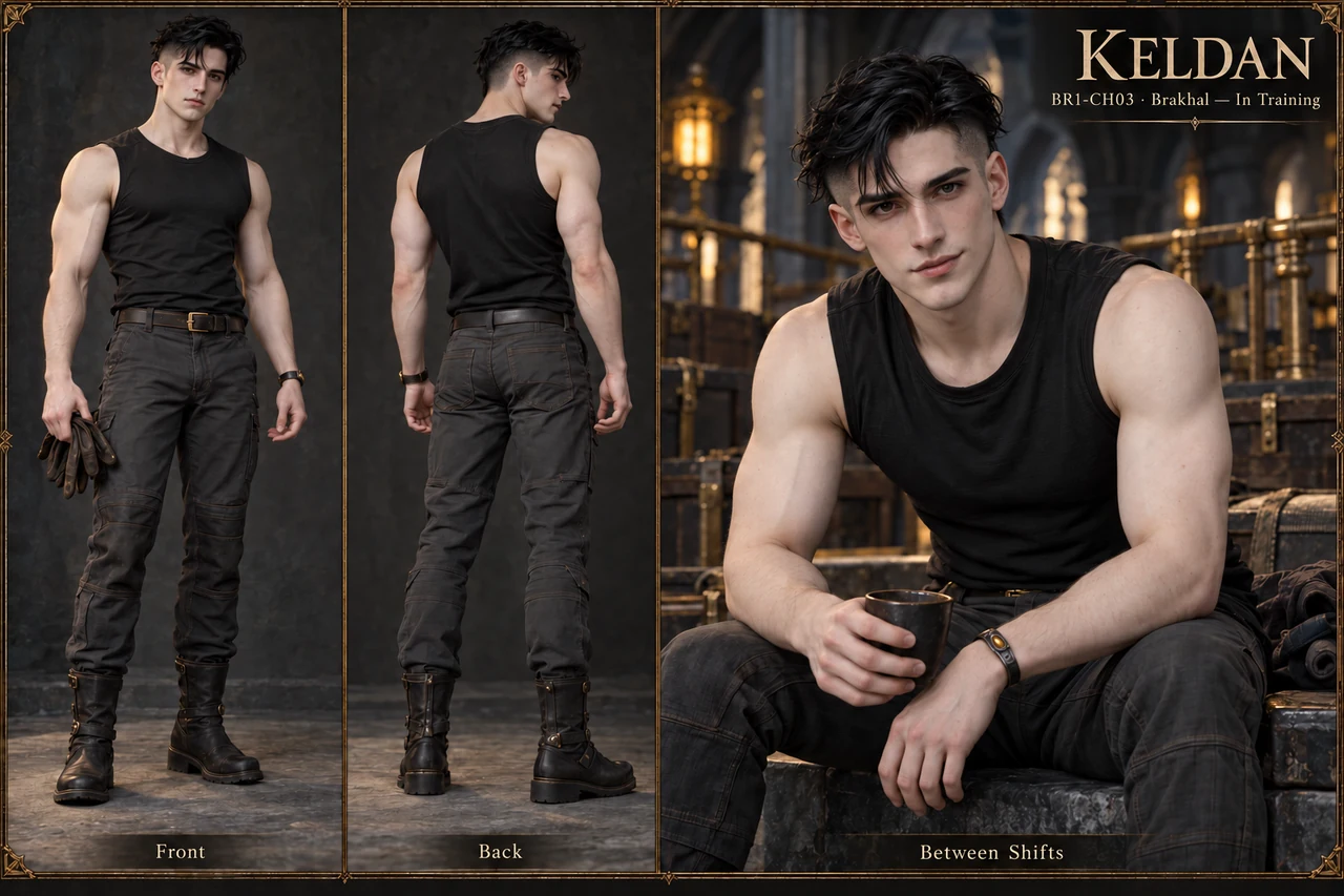 Keldan’s character sheet shows very pale skin, deep black eyes, jet-black undercut hair and a protective bracelet on his left wrist.