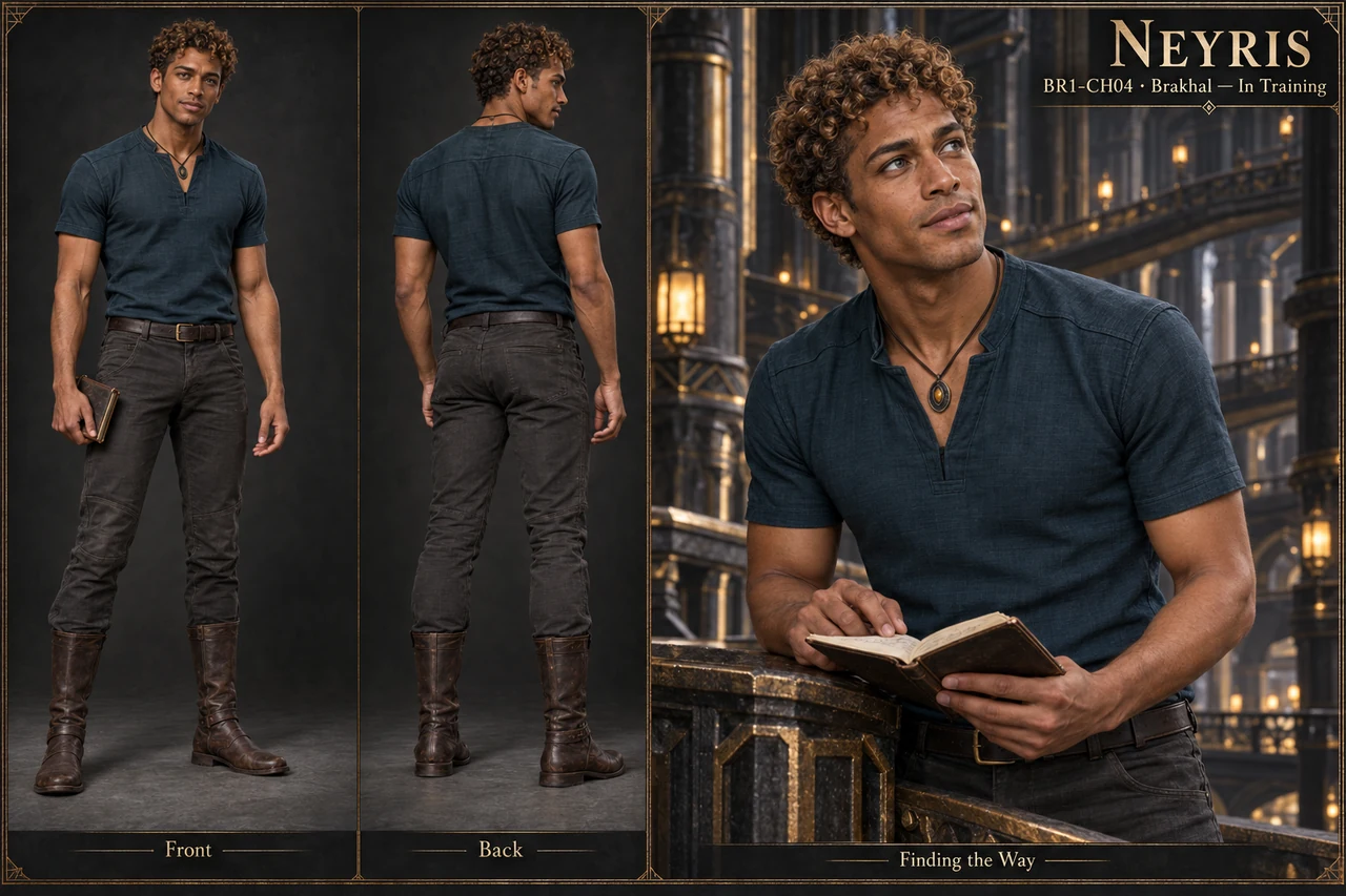 Neyris’s character sheet shows short golden curls, warm brown skin, a petrol-blue short-sleeved shirt and a small amber pendant.