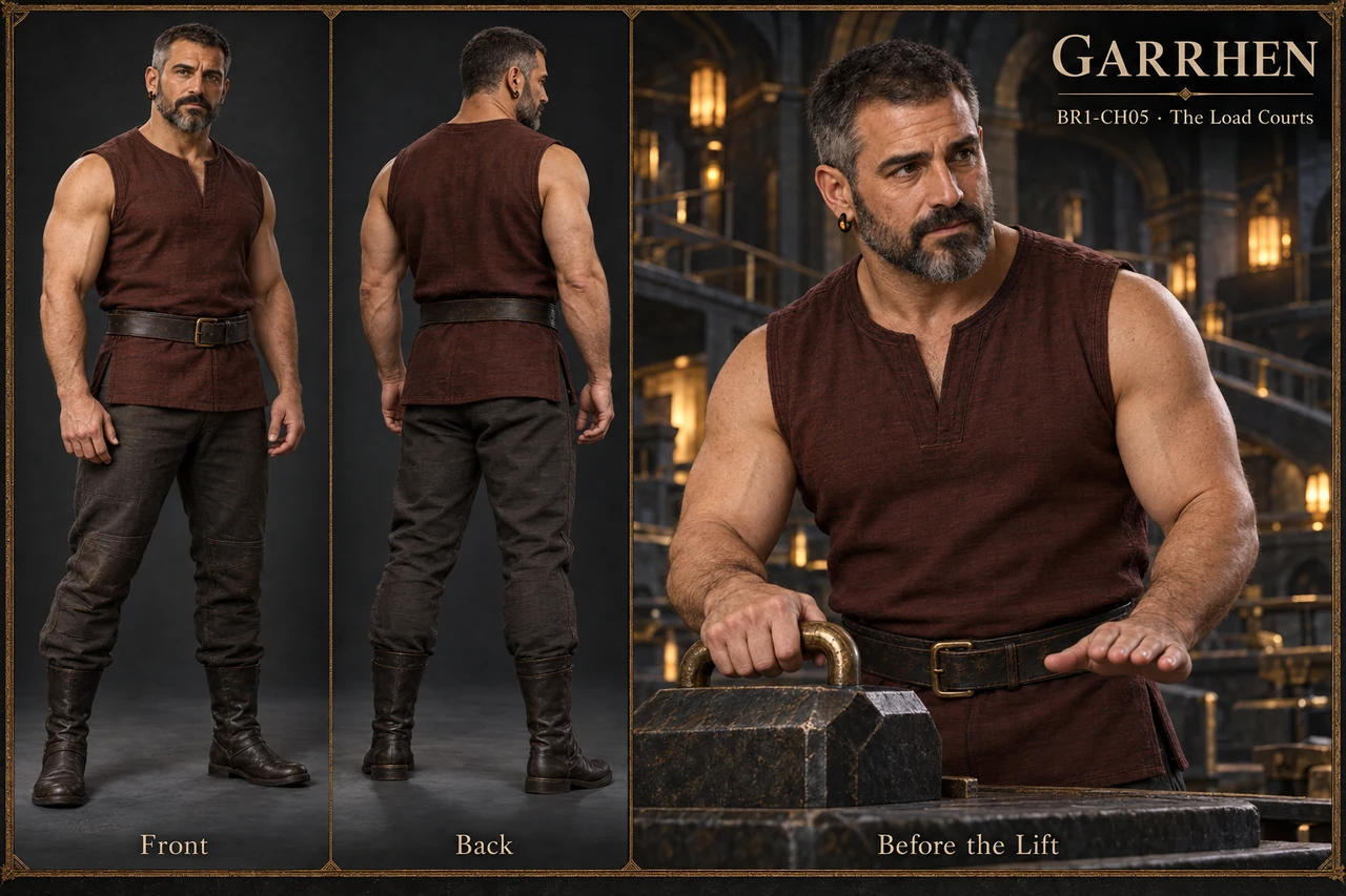 Garrhen’s character sheet shows a broad, naturally strong instructor with a short greying beard and a protective hoop in his right ear.