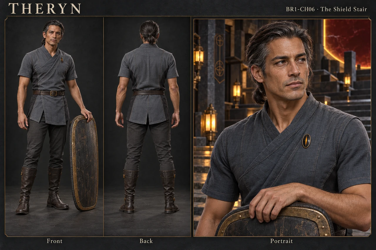 Theryn’s character sheet shows a lean mature instructor with a short low ponytail, slate tunic and an oval protective brooch on his left upper chest.
