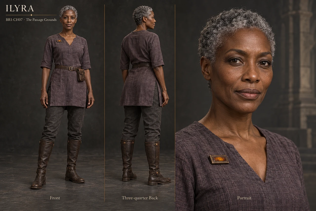 Ilyra’s character sheet shows a mature dark-skinned instructor with very short silver curls, a plum-grey tunic and a rectangular protective brooch on her right upper chest.