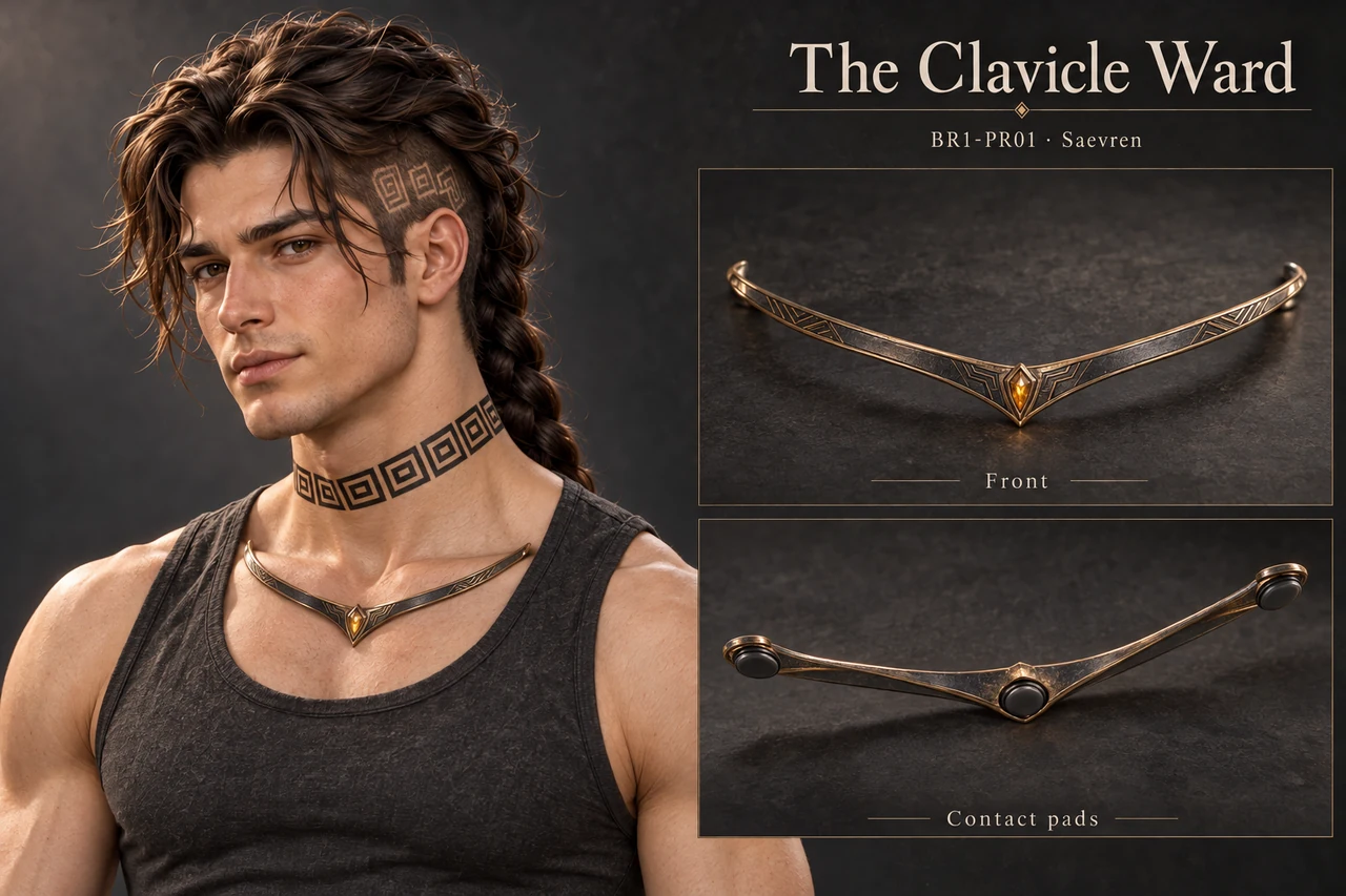 Reference sheet of Saevren’s shallow V-shaped Clavicle Ward, attached to the front of the upper chest without a necklace cord.