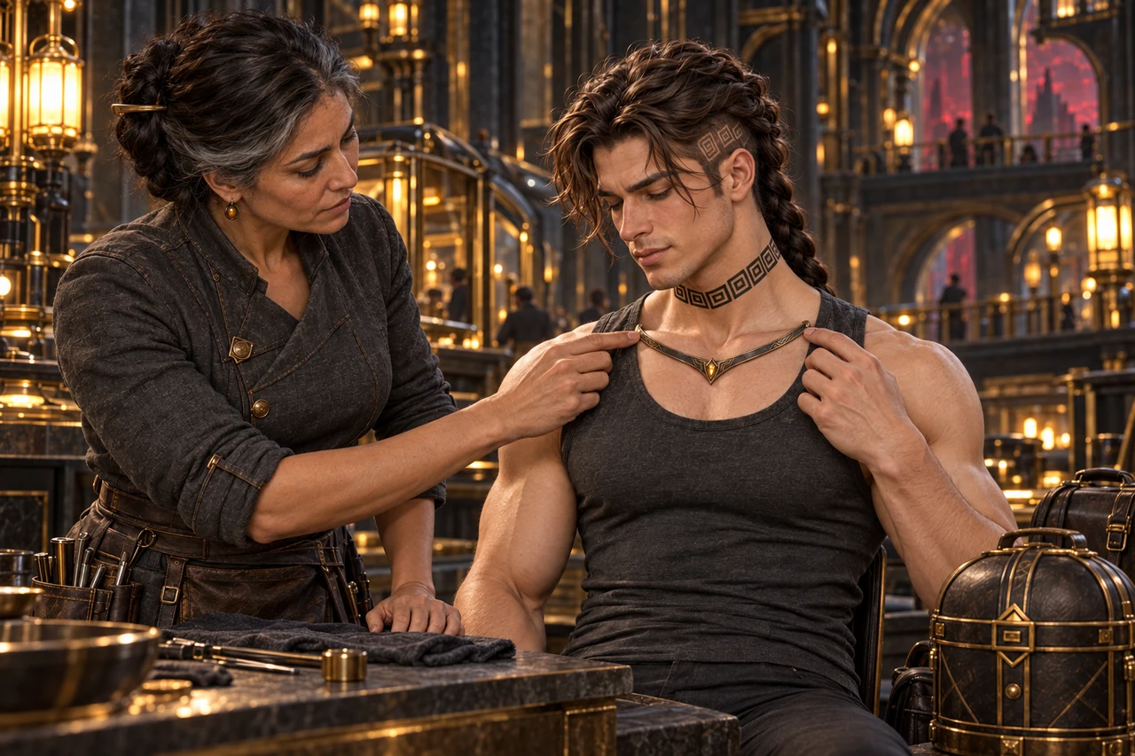 Vessara fits the shallow V-shaped Clavicle Ward to the front of Saevren’s upper chest inside a protected room.