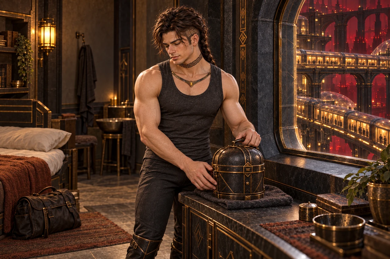 Saevren settles into a modest room with an ivory bedcover, rust blanket and the closed carrier beside a sealed window.